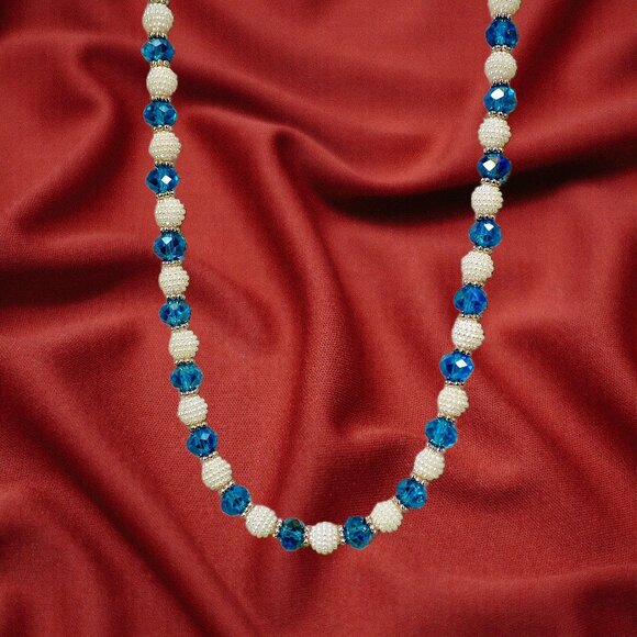 Blue glass and white round bead necklace an earring set with silver spacer beads - Picture 5 of 15